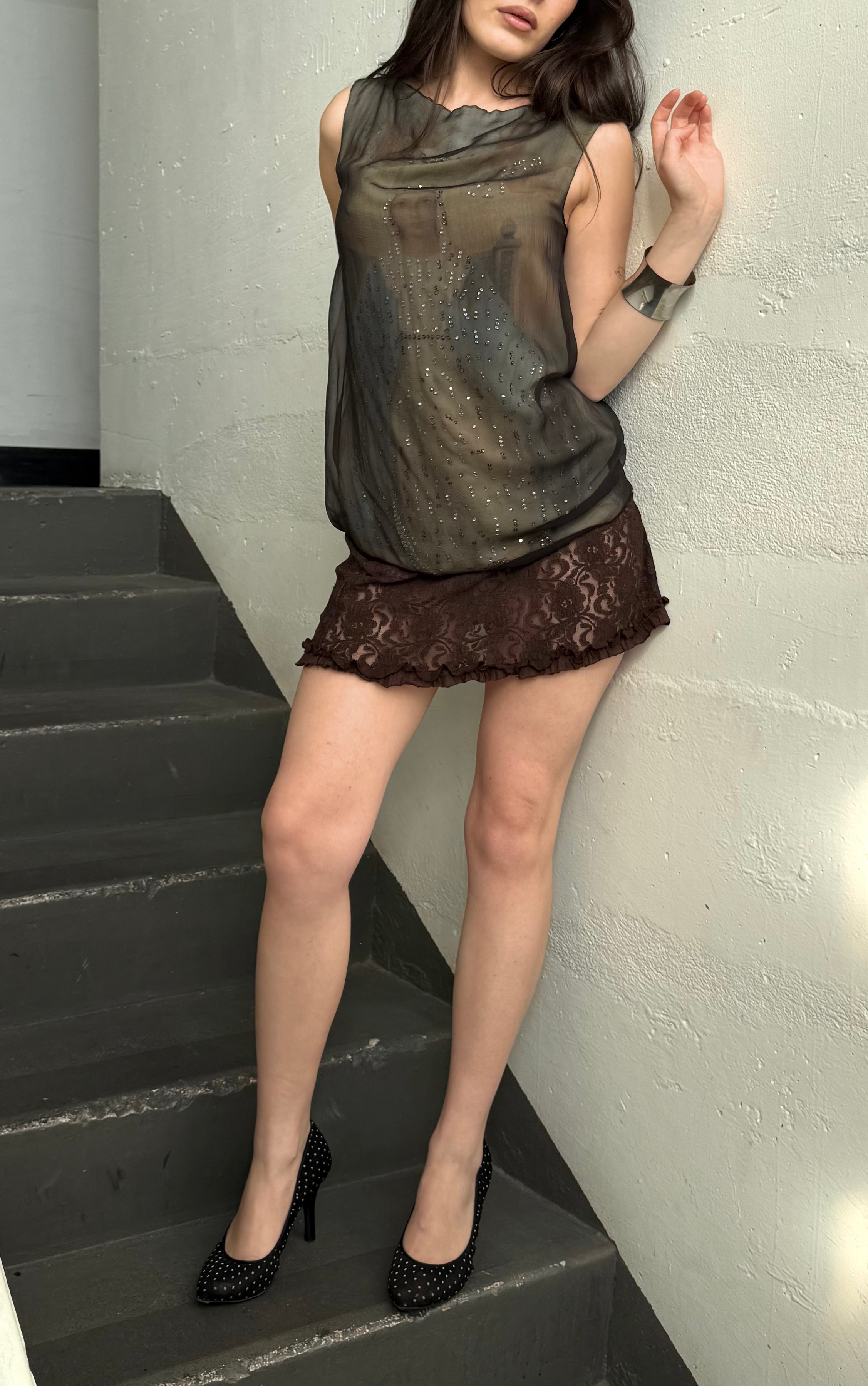 Brown lace micro mini skirt